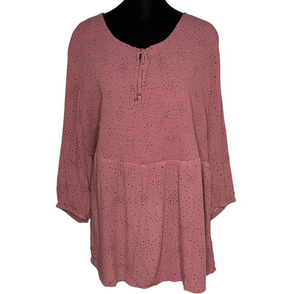 NWT Ulla Popken Galaxy Print Smocked Bodice Tie Neck Blouse 2X - Picture 2 of 9